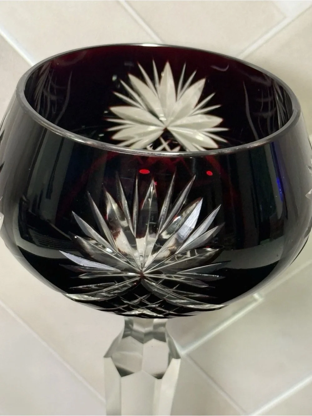 Bohemian Dark Amethyst / Red Cut to Clear Crystal Hock Wine Glass Goblet 8